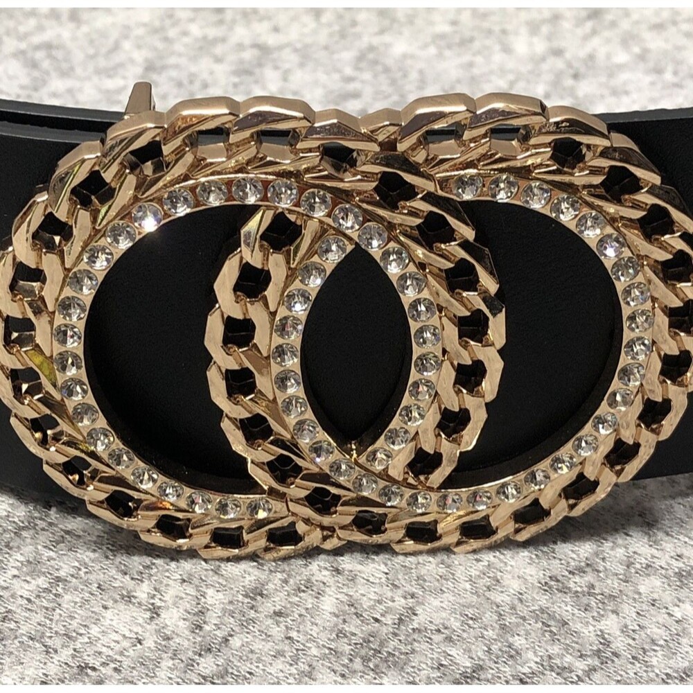 Womens Belt Black Statement Double Circle Buckle Rhinestone 43"
